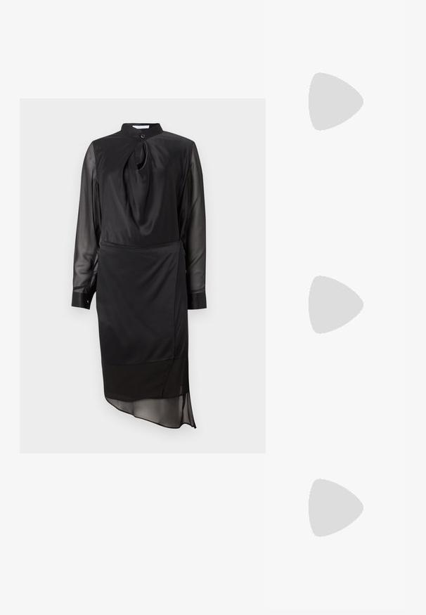 Black dress with a high collar, long sheer sleeves, and a knot detail at the neckline. Features a layered hemline and smooth fabric texture.; Black leather slingback shoe with a pointed toe, decorative straps featuring metal eyelets, and a low block heel. Textured surface.; Stuart Weitzman POSH SHOULDER BAG - Cross body bag - black; Hoop earrings featuring intertwined gold and silver rings, with a clear cubic zirconia accent and a textured band on one ring.