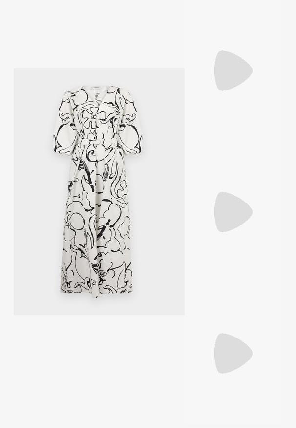 Marimekko KIMPU BALUNS - Maxi dress - off white/black; Black strappy sandal with a square toe and a low block heel. Features multiple thin straps and an adjustable ankle strap. Made of smooth leather.; Black leather crossbody bag featuring a smooth texture, rectangular shape, and a metallic chain detail on the front. Adjustable strap included.; Silver drop earrings with a square stud, featuring a smooth, polished finish and a teardrop shape, reflecting light with a glossy surface.