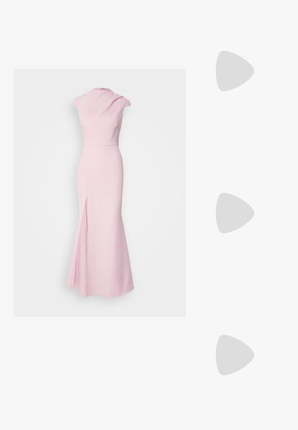 Pink sleeveless gown with a high neckline, fitted bodice, flared skirt, and side split, made from smooth, stretchy fabric.; Black leather ankle boot with square toe, side zipper, and block heel against plain light background.; Black leather tote bag with smooth texture, structured shape, two handles, and a prominent silver buckle detail on the front.; Set of gold-tone earrings featuring various designs, including studs, hoops, and dangling pieces with pearls and rhinestones.