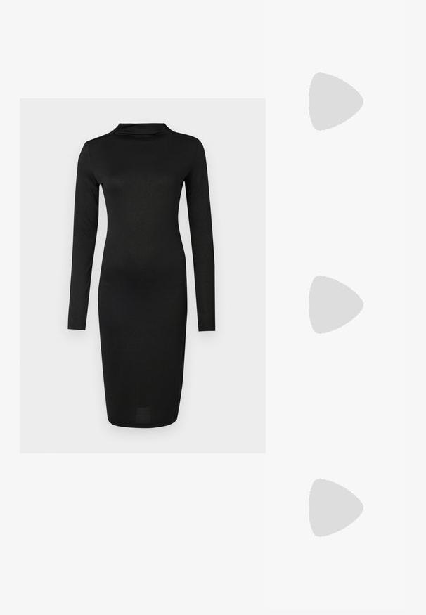 Czarna sukienka z długimi rękawami, wysokim dekoltem, gładką teksturą, obcisłym krojem i długością do kolan. Wykonana z elastycznego materiału z delikatnym połyskiem.; Czarne baleriny z lakierowanej skóry, spiczasty nosek, minimalistyczny design, gładka faktura, niskie obcasy, bez widocznych elementów metalowych czy ozdób.; Czarna torebka z lakierowanej skóry o zakrzywionym kształcie, z złotymi akcentami oraz wyraźnym logo. Zawiera odpinany pasek na ramię.; Złote kolczyki w kształcie obręczy z teksturowanym fasonem i trzema przezroczystymi kryształkami po jednej stronie, oferujące nowoczesną, geometryczną estetykę.