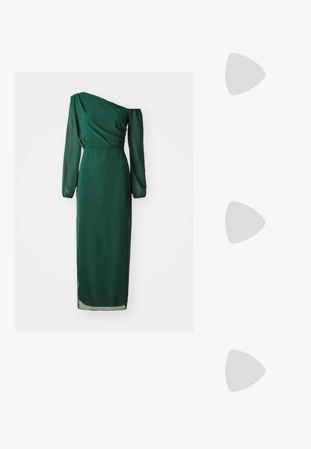 WAL G. ABI MAXI - Koktejlové šaty / šaty na párty - forest green; Stříbrná slingback vysoká podpatková bota s špičatou špičkou, metalickým povrchem, dvěma Dekorativními pásky a štíhlým podpatkem s černým hrotem.; Sluneční brýle s želvovinovým vzorem a oválnými skly, hnědě tónovanými, tenké nožičky s texturovaným vzorem, lehký plastový rám.; Zlatá metalická kabelka ve tvaru srdce s řetízkem a perlou na zapínání. Hladký povrch, kompaktní design pro drobnosti.