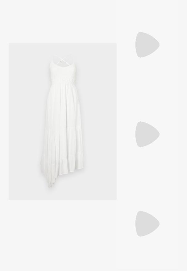 White maxi dress with a textured knit bodice, pleated skirt, and an asymmetrical hem. Features crisscross spaghetti straps and a crochet waistband.; White cotton t-shirt featuring a large, bright red lobster graphic on the front. Short sleeves and standard crew neck design.; White high-top canvas sneaker with black rubber sole, front rubber toe cap, and six eyelets for laces, featuring a clean, minimalist design.; Red leather handbag with an angular, geometric design. Features a single adjustable strap and a flap closure with stitched detailing.