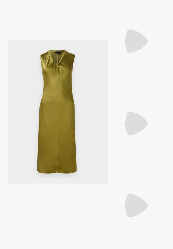 Sleeveless olive green dress, made of smooth satin, features a V-neck and a front knot detail with a central seam and straight cut.; Black leather kitten heel with pointed silver toe cap and dual buckle straps on a white background.; Black leather crossbody bag with two front pockets, gold buckles, zipper closure, and a slim strap. Textured surface and compact rectangular shape.; Vivienne Westwood MINI BAS RELIEF EARRINGS - Earrings - gold-coloured