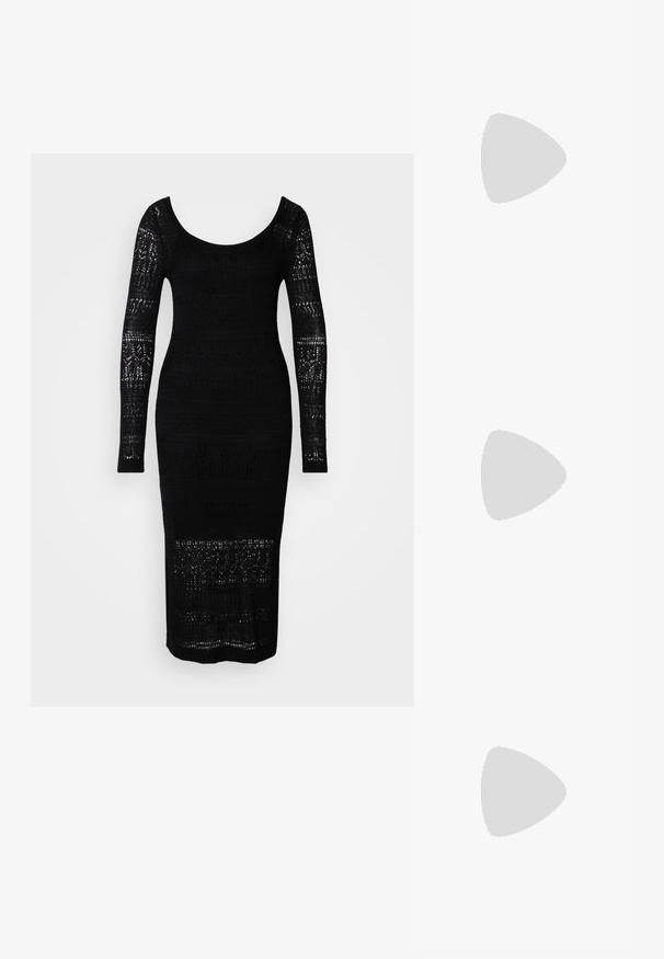 Melna adīta kleita ar garajām piedurknēm, apaļu izgriezumu, piegulošu siluetu un atvērtā darba rakstiem gar ķermeni un piedurknēm.; Melnas patentētas ādas siksniņu kurpes ar asu purngalu un zemu blokveida papēdi. Regulējama sprādze pie potītes.; Melnas ādas rokassoma ar izliekta formu, noņemamu siksnu un zelta aksesuāriem. Somai ir vāciņš ar sprādzes detaļu.; Sudraba sirds formas auskari ir rotāti ar daudzšķautņainiem caurspīdīgiem akmeņiem un ar teksturētu rāmi. Komplektā iekļauti gan pērlīšu, gan pilienu stili.