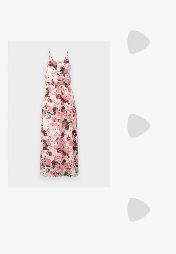 Kwiatowa sukienka maxi z lekkiego materiału w pastelowym tle z różowymi, czerwonymi i zielonymi wzorami, regulowane cienkie ramiączka oraz elastyczna talia.; Czarne lakierowane buty typu slingback z ostrym noskiem, paskami na kostkach z srebrnymi klamrami i elementami metalowymi oraz smukłym obcasem.; Czarne prostokątne okulary przeciwsłoneczne z ciemnymi szkłami, grubą plastikową oprawą i szerokimi ramionami. Gładka powierzchnia i kanciasty design.; Zestaw 16 srebrnych bransoletek o różnych fakturach, w tym gładkich, skręconych i koralikowych wzorach, ułożonych w czterech rzędach na białym tle.