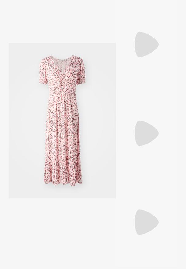Rochie maxi florală albă cu flori mici roșii, decolteu în V, mâneci scurte tip puff și talie adunată. Prezintă un tiv ondulat.; Tricou alb din bumbac, cu un grafic mare, viu colorat de homar roșu pe față. Mâneci scurte și un guler standard de tip crew neck.; Adidași albi tip pantofi sport cu glezna din pânză, cu talpă din cauciuc negru, capac de vârf din cauciuc frontal și șase ochiuri pentru șireturi, având un design curat și minimalist.; Geantă de mână din piele roșie, cu un design unghiular și geometric. Dispune de o singură curea ajustabilă și un sistem de închidere cu clapetă, cu detalii cusute.