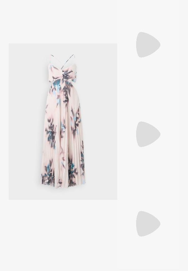 Pituu maxi mekko vaaleanpunaisena, jossa on sinisiä ja mustia kukkakuoseja. Siinä on ohuet olkaimet ja tyköistuva yläosa, joka johtaa virtaavaan hameeseen.; Korkokenkät, joissa on terävä kärki ja hopea, kultainen sekä nude-väriyhdistelmä. Kiiltävä pinta ja leikkausdesign, varustettuna stikettikorkealla.; Hopeapintainen metallinen pussilaukku, jolla on pehmeä, pyöreä muoto ja solmittava yläosa. Valmistettu sileästä tekonahkamateriaalista.; Hope hopea, joissa on kierren muotoilu, kiiltävä pinta ja takana kiinnitettävä suljin. Halkaisija noin 3 cm.