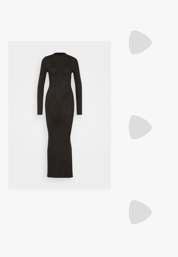Robe maxi noire en knit côtelé avec manches longues, col montant et silhouette ajustée, dotée d'un tissu texturé sur l'ensemble.; Escarpins en cuir verni noir avec bout pointu et talon bloc géométrique. Présente un design élégant et minimaliste ainsi qu'une texture lisse.; Sac à main en cuir noir avec une forme courbée, bandoulière amovible et des accessoires en or. Le sac est doté d'un rabat avec un détail de boucle.; Trois paires de boucles d'oreilles : de grandes perles blanches en boutons, des créoles en or avec des pierres claires, et deux longues boucles d'oreilles droites en or avec des détails scintillants.