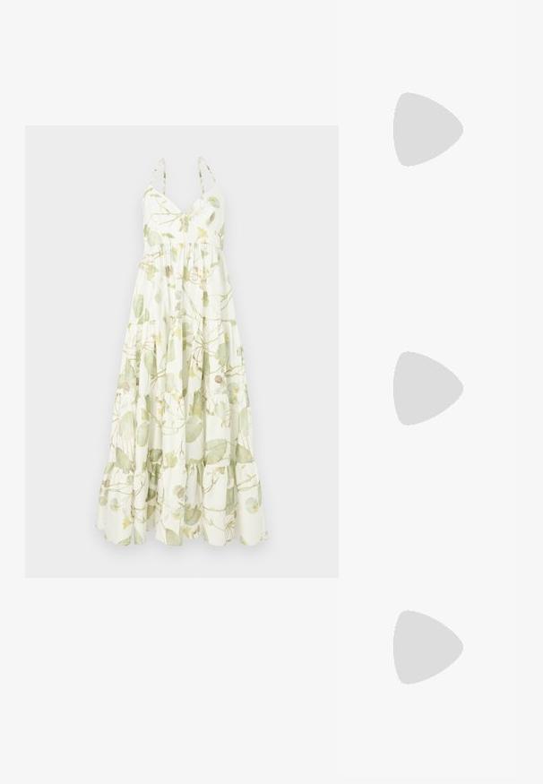 Maxi kleita no viegla auduma ar ziedu rakstu zaļās un dzeltenās krāsās, ar V veida kakla izgriezumu un kārtainu ķēpīgu apakšmali.; Nude patentēta ādas kurpe ar noraksta siksnu un stiletto papēdi, ar gludu virsmu un minimālistisku dizainu.; Auduma soma brūnā un dzeltenā krāsā, ar taisnstūra formu, divām rokturu siksnām un teksturētu apdari ar redzamām šuvēm un zīmola birku.; Loeffler Randall BELLAMY OVERSIZE HEADBAND - Matu veidošanas piederums - cream