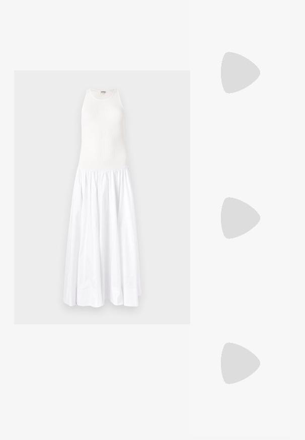 White maxi dress featuring a ribbed top and a flowy, gathered skirt. Made of lightweight fabric, it has a sleeveless design and a round neckline.; Black leather sandal with a square toe, thin straps, adjustable ankle strap, and a low heel. Features a small gold accent on the strap.; Black crocodile-embossed leather handbag with a structured design, top handle, adjustable strap, and a prominent front logo detail.; Gold-tone brooch featuring a knotted design with smooth, curved lines and an intricate shape, reflecting a polished finish.