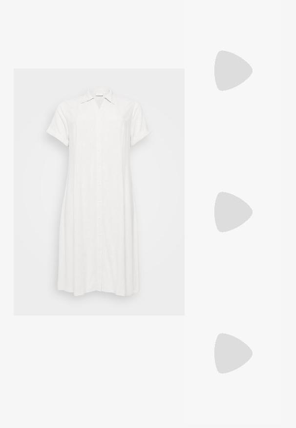 White linen shirt dress with a collar, short rolled sleeves, and front button closure. Features a relaxed fit and knee-length hem.; Black patent leather slingback heels with a pointed toe and a geometric block heel. Features a sleek, minimal design and smooth texture.; Black leather handbag with a curved shape, detachable strap, and gold hardware. The bag features a flap with a buckle detail.; Set of 16 silver bangles with various textures, including smooth, twisted, and beaded patterns, arranged in four rows on a white background.