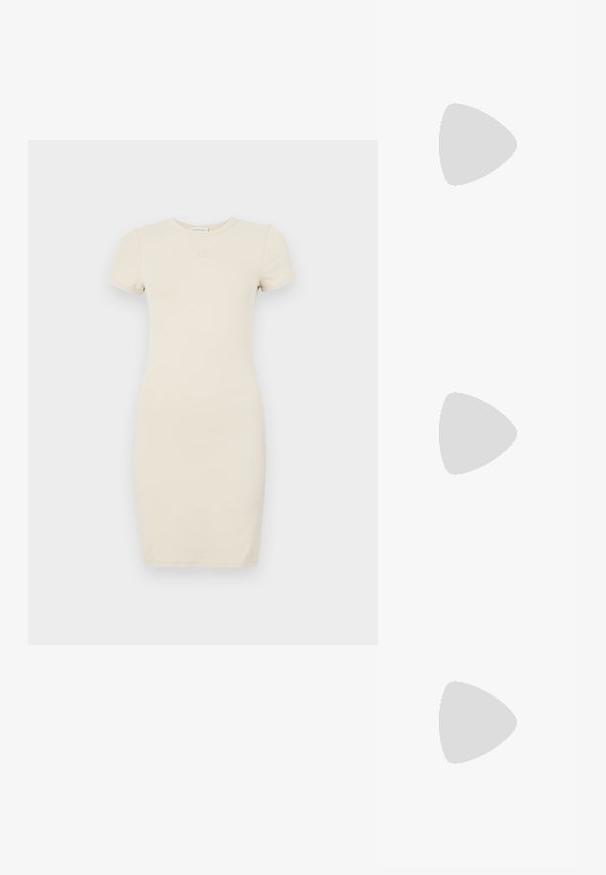 Light beige short-sleeve dress with a fitted silhouette. Made of soft fabric, featuring a small embroidered logo on the chest.; White leather sneakers with a thick white sole, black suede heel accent, and embossed logo on the side. Laced design with six eyelets.; Black oversized sunglasses with a geometric shape, featuring dark lenses and a contrasting grey detail on the frame. Logo on the arm.; Silver hoop earrings with a smooth, shiny finish. Rounded shape, lightweight design, featuring a post-back closure.