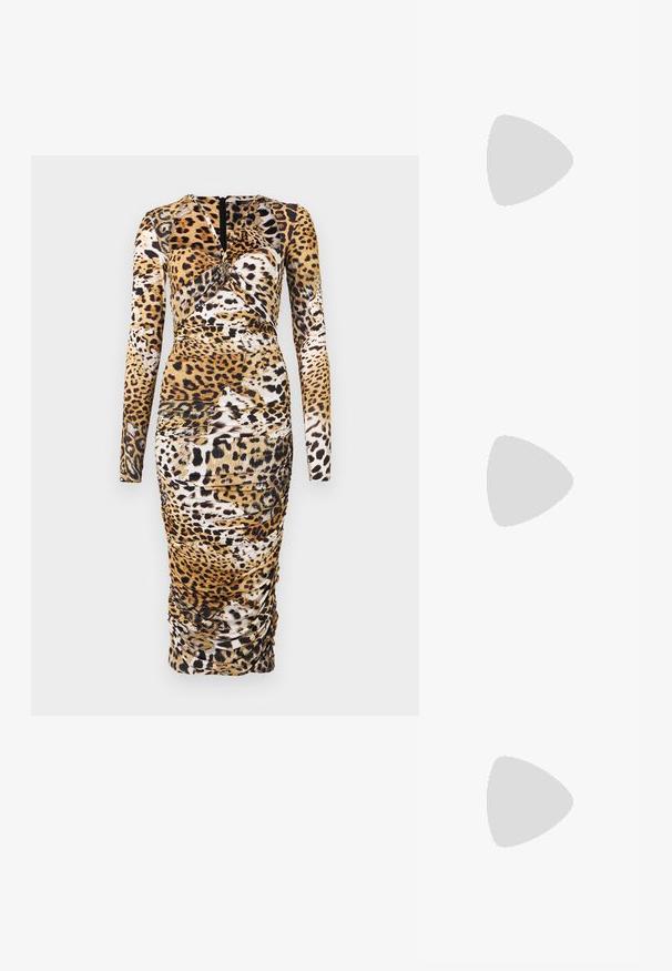 Long-sleeve dress in a leopard print pattern with ruched detailing and a round neckline. Made from a stretchy fabric, featuring a back zipper.; White ribbed tank top with a round neckline and a metal accent detail on the shoulder. Soft texture, fitted design, and sleeveless style.; Puffer jacket with a brown and black pattern, paired with a brown snake print mini skirt, black knee-high boots, and a small black bag.; Black leather handbag with a curved design, featuring silver studs, a buckle, and two side pockets. Adjustable strap for carrying options.