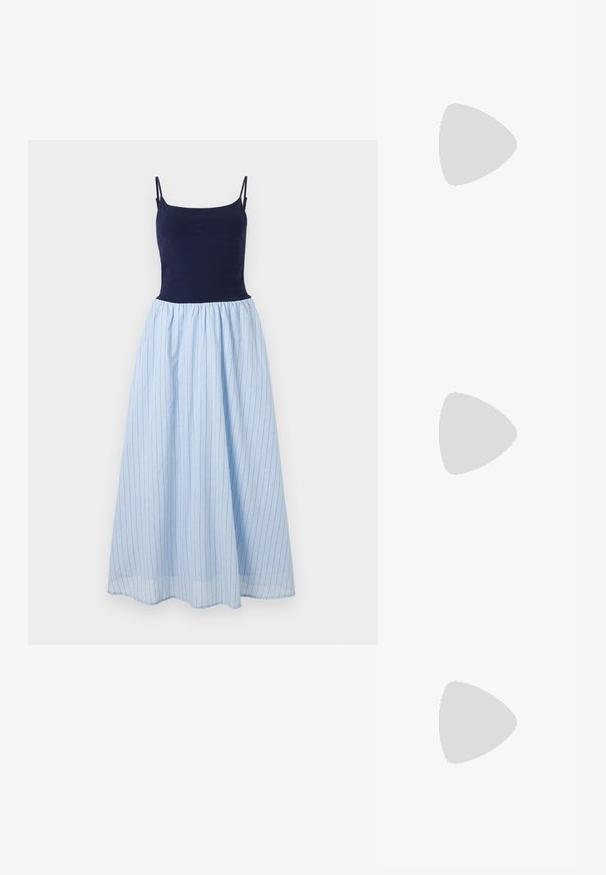 Vestido sin mangas con una parte superior entallada en navy y una falda fluida de rayas azul claro. La falda tiene rayas verticales y una cintura fruncida.; Camiseta de algodón blanca con un gran gráfico de langosta roja brillante en la parte frontal. Diseño de mangas cortas y cuello redondo estándar.; Zapatilla de lona alta blanca con suela de goma negra, puntera de goma frontal y seis ojetes para los cordones, que presenta un diseño limpio y minimalista.; Bolso de cuero rojo con un diseño angular y geométrico. Cuenta con una única correa ajustable y un cierre de solapa con detalles de costura.