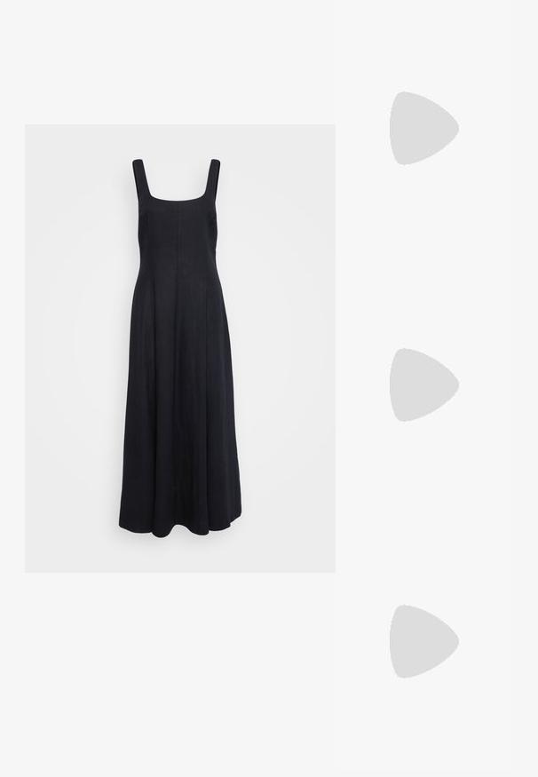 Černé maxi šaty z lněného materiálu se čtvercovým výstřihem, širokými ramínky a volným sukní. Hladká textura a minimalistický design.; Černé lakované sandály na podpatku se čtveratou špičkou, lýtkovými pásky a stříbrnými přezkami. Disponují masivním blokovým podpatkem pro stabilitu.; Čtvercové sluneční brýle s hnědými skly a tenkým černým kovovým rámem. Mají šikmé stranice a nastavitelná nosní polštářky pro pohodlí.; Černá kožená kabelka s křivkovým tvarem, odnímatelným popruhem a zlatými detaily. Kabelka má klopu s přezkou.