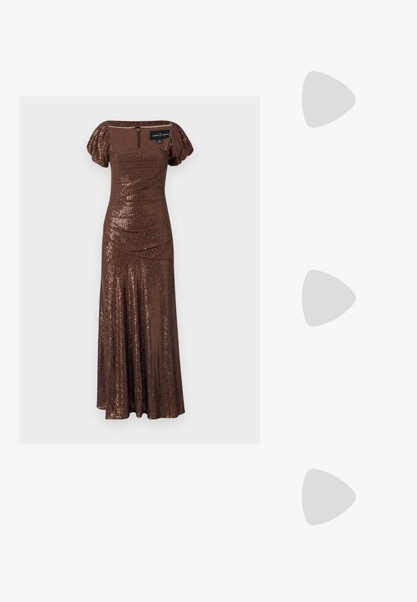 Abito maxi marrone con paillettes, dotato di corpetto aderente e maniche a sbuffo. Presenta un collo quadrato e chiusura con zip sulla schiena. Tessuto liscio.; Sneakers in pelle bianca, design low-top, caratterizzati da una texture liscia, punta rotonda, chiusura con lacci e un piccolo logo ricamato sul lato.; Borsa a mezzaluna nera in pelle con dettagli in hardware dorato, dotata di chiusura con zip. Indossata a tracolla sopra un maglione grigio.; Orecchini a perno in tono oro con design intrecciato. Ogni orecchino presenta uno sfondo circolare trasparente per una vestibilità sicura.