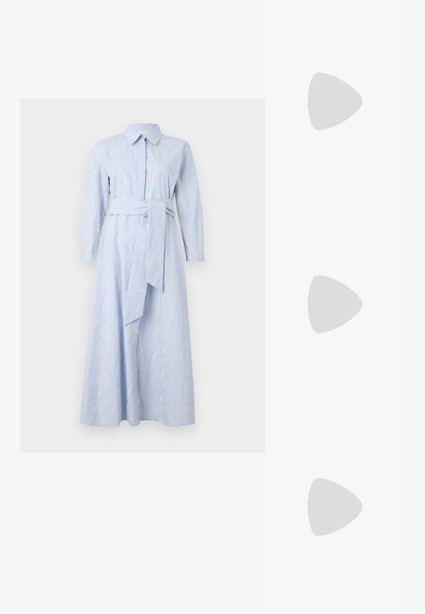 iBlues EBANO - Skjortekjole - azzurro intenso; Beige blokkformede hælesandal med firkantet tå. Har en slank ankelrem med spænde, glat lærkliknende tekstur og en moderat hælhøyde.; Skilpadde-skjell solbriller med rektangulære mørke linser, en glansfull overflate og gull logo aksent på brillestangen. Lett, dristig design.; Brun skinnveske med teksturert overflate, bred åpning og to lange håndtak. Har et enkelt design og minimalt med beslag.