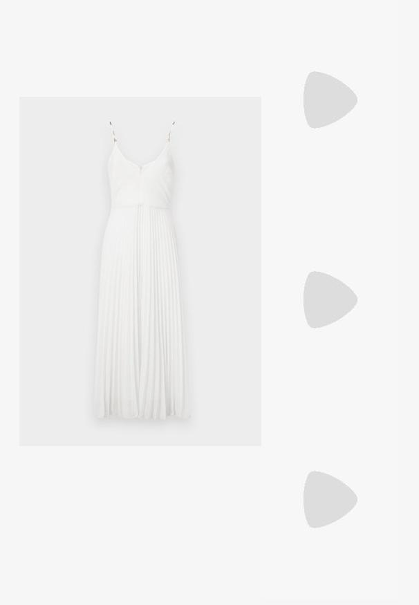 White pleated dress with thin straps, V-neckline, and textured fabric. Features a fitted bodice and a flowing skirt.; Black cotton t-shirt with a crew neckline, short sleeves, and an embroidered logo on the chest. Simple, relaxed fit with no patterns.; Black patent leather heels with a pointed toe, adjustable ankle straps, and a slender heel. Smooth texture with a shiny finish.; Black leather handbag with a structured design, featuring a cropped shape, top handle, and gold hardware accent. Adjustable shoulder strap included.
