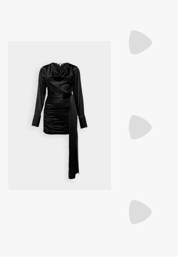 Melnas satīna kleitas ar garajām piedurknēm, barokāla dekoltē, drapējuma detaļām un sasietu jostu. Gluda tekstūra ar piegulošu piegriezumu, izceļot formas.; Melnas ādas augstpapēžu kurpes ar smailu purngalu un apaļu papēdi. Gluda tekstūra ar elegantu, minimālistisku dizainu.; Melna ādas somiņa ar izliekto rokas, kurai ir metāla radziņu raksts, vienmērīgi izvietots pa virsmu. Ar rāvējslēdzēju.; Lauren Ralph Lauren BASIC SMALL HOOP - Auskari - gold-coloured