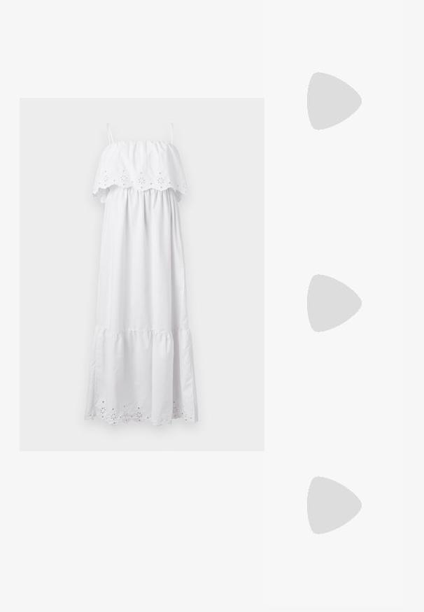 Balts maksi kleita ar elastīgu plecu virsotni, izšūti ziedu elementi un slāņota volāna apakšdaļa. Izgatavota no viegla auduma.; Zeltaini, metāla kurpes ar siksniņām, norakans purngalis un masīla papēdis. Gluda tekstūra, minimālisma dizains un šaura siksna.; Melnas ādas rokassoma ar izliekta formu, noņemamu siksnu un zelta aksesuāriem. Somai ir vāciņš ar sprādzes detaļu.; Zelta krāsas metāla aproce ar šķidrām, viļņveidīgām formām. Vienā galā ir neliels, izteikts sudraba krāsas akcents.