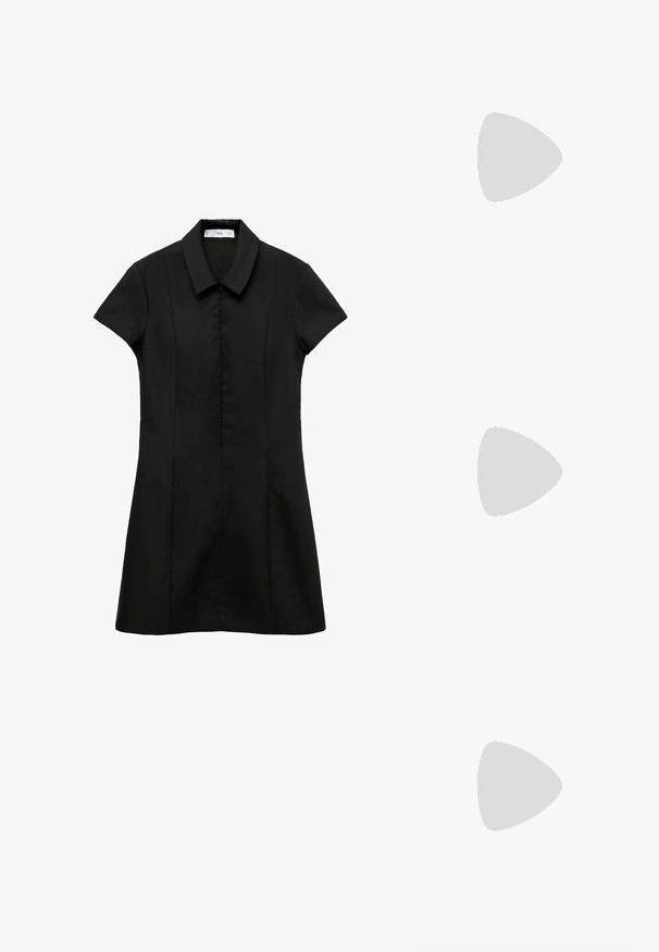 Čierne šaty s krátkym rukávom a golierom, s priliehavým telom a rozšírenou sukňou. Vyrobené z hladkej tkaniny s čistým, minimalistickým dizajnom.; Čierne sandále na vysokom podpätku so štvorcovou špičkou a nízkym blokovým podpätkom. Obsahujú viacero tenkých popruhov a nastaviteľný členkový popruh. Vyrobené z hladkej kože.; Rámiky slnečných okuliarov v štýle korytnačiny s obdĺžnikovými šošovkami, hrubými rámami a tmavými tónovanými šošovkami. Hladký povrch a minimalistický dizajn.; Čierna laková kožená kabelka s ohnutým tvarom, jedným ramenným popruhom, prednými vreckami a striebornými kovovými doplnkami.