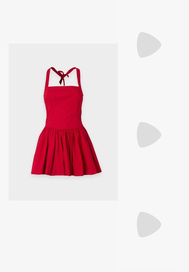 Red cotton dress with a fitted bodice, halter neck, and gathered skirt. Features a back tie and side ruching for flexibility.; Silver slingback high heel shoe with a pointed toe, metallic finish, two decorative straps, and a slender heel with a black tip.; Black leather handbag with a smooth texture. Features an adjustable strap and a sleek, minimalistic design with a zip closure.; Gold-tone earrings featuring textured, wavy shapes. Includes sculptural clip-on studs and open hoop design with a hammered finish.