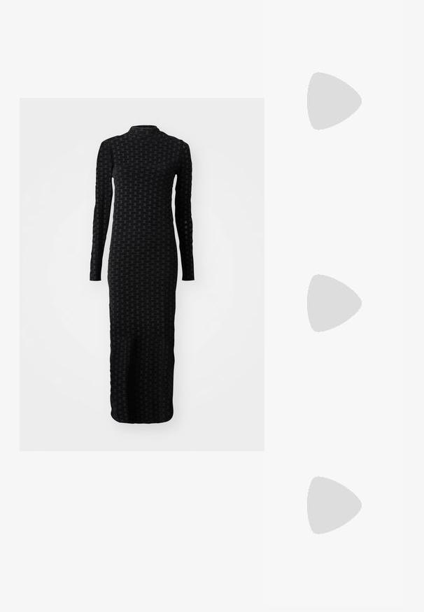 Black long-sleeve dress featuring a textured pattern with repeated branding. The design is fitted with a mock neck and floor-length silhouette.; Flat shoes in off-white leather with a pointed toe and low black heel. Smooth texture with a slim silhouette and minimalist design.; Black sunglasses with angular, cat-eye design. Silver mirrored lenses. Slim, lightweight plastic frames with subtle branding on the temples.; Silver metal earrings with a smooth, teardrop shape and a polished finish. Subtle engravings add detail. Minimalist design.