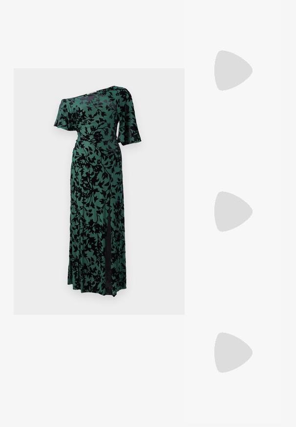 Diane von Furstenberg ELEORA DRESS - Kokteilinė suknelė / vakarėlių suknelė - green; Juodai odiniai baletai su apvaliu pirštu, lygi texture, minimalus siuvimo detales ir lanksčiu padų dizainu.; Nanushka JEN - Rankinė - black; Sidabriniai auskarai su smailių dizainu; vienas auskaras turi C formą, sujungtą grandinėle su apvaliu žiedu, kuris taip pat turi smailes.