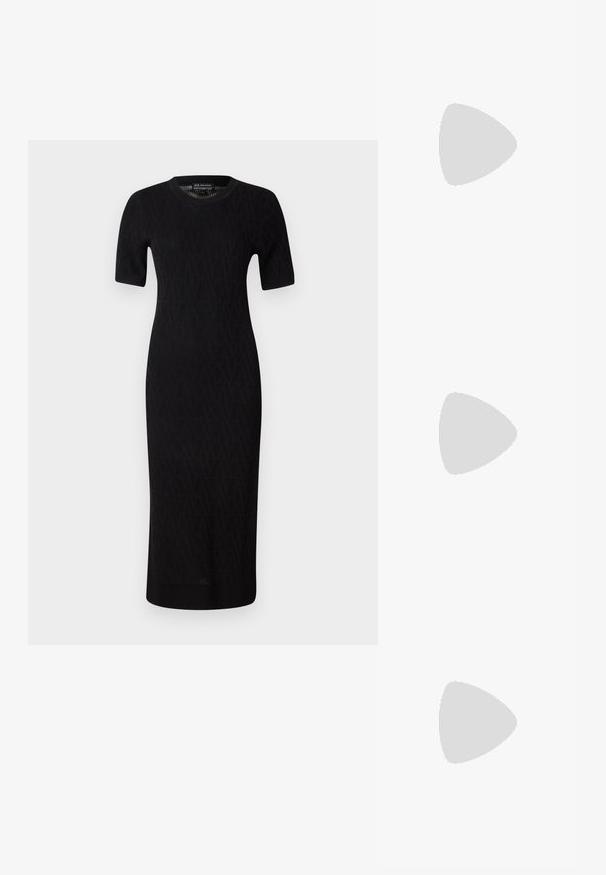 Black knitted midi dress with short sleeves, featuring a geometric pattern and a round neckline. Smooth texture and fitted silhouette.; Black slingback pump with a pointed toe, glossy leather finish, and a small heel with a gold accent. Sleek design with a open back.; Black leather backpack with a flap closure, front pocket, side zipper compartments, and a top handle. Features logo detailing at the front.; Silver metal earrings featuring rounded shapes, with a polished finish and subtle engravings of the brand "BOSS" on the lower sections.