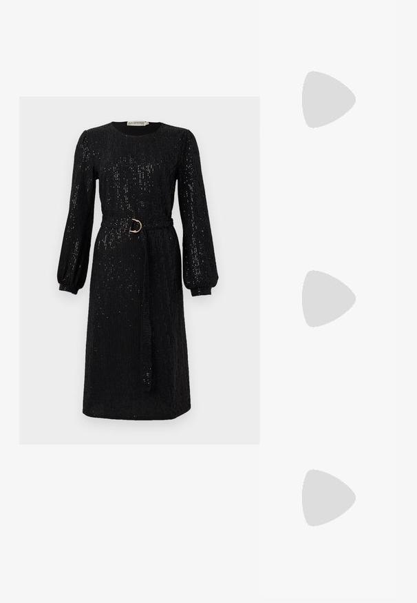 Juoda suknelė su ilgais, pūstučiais rankovėmis ir diržu liemens srityje. Pagaminta iš blizgančios medžiagos, turi apvalų iškirpimą ir tiesią siluetą.; Juodai lakuoti slingback aukštakulniai su smailiu nosiu, su tekstūruotu gyvatės raštu, reguliuojama juosta ir trumpu, tekstūruotu blokiniu kulnu.; Juodas odinis per petį nešiojamas krepšys su dviem priekiniais kišenėmis, auksiniais sagtimis, užtrauktuko uždarymu ir siauromis petnešomis. Textūruota paviršius ir kompaktiškas stačiakampis formatas.; Auksinės metalinės auskarų kabės su lenktą, pailgą forma. Turi lygų, blizgantį paviršių ir užapvalintą galiuką papildomam akcentui.