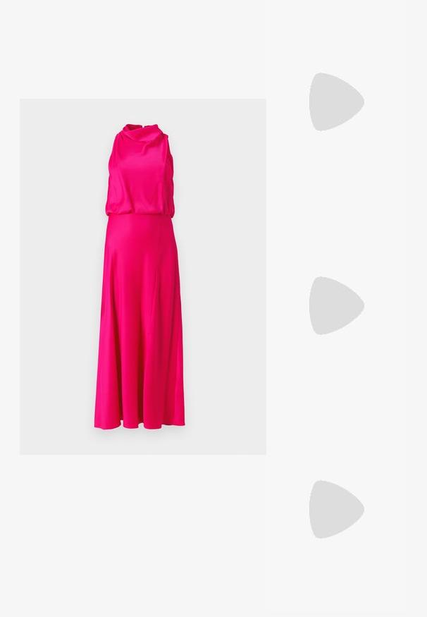 Bezrúškov dresses s dĺžkou po zem v jasnej ružovej farbe, s drapovaným výstrihom a hladkým, plynúcim materiálom v A-liniovom strihu.; Čierne lakované kožené slingback topánky s špicatou špičkou, so striebornými detailmi a nízkym blokovým opätkom. Hladký, lesklý povrch celého modelu.; Čierna kožená crossbody taška s hladkou textúrou, obdĺžnikovým tvarom a kovovým reťazovým detailom na prednej strane. Súčasťou je nastaviteľný popruh.; Strieborné visACIE náušnice so štvorcovým študom, s hladkým, lešteným povrchom a tvarom kvapky, odrážajúce svetlo s lesklým povrchom.