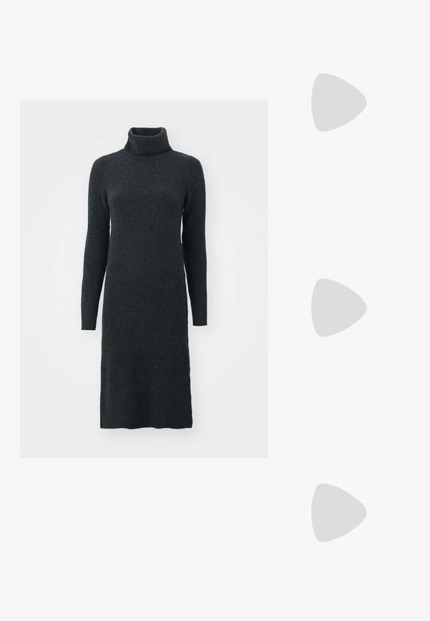 Dark gray turtleneck sweater dress in a soft knit material, featuring long sleeves and a fitted silhouette that falls to mid-calf.; Brown leather cowboy boots with pointed toe and block heel, featuring detailed stitching and raised accents on the shaft.; Black leather clutch bag with a flap and a gold metal buckle detail. Includes a black strap and a sleek, minimalist design.; Silver hoop earrings with a twisted design, featuring a polished finish and post-back closure. Measure approximately 3 cm in diameter.