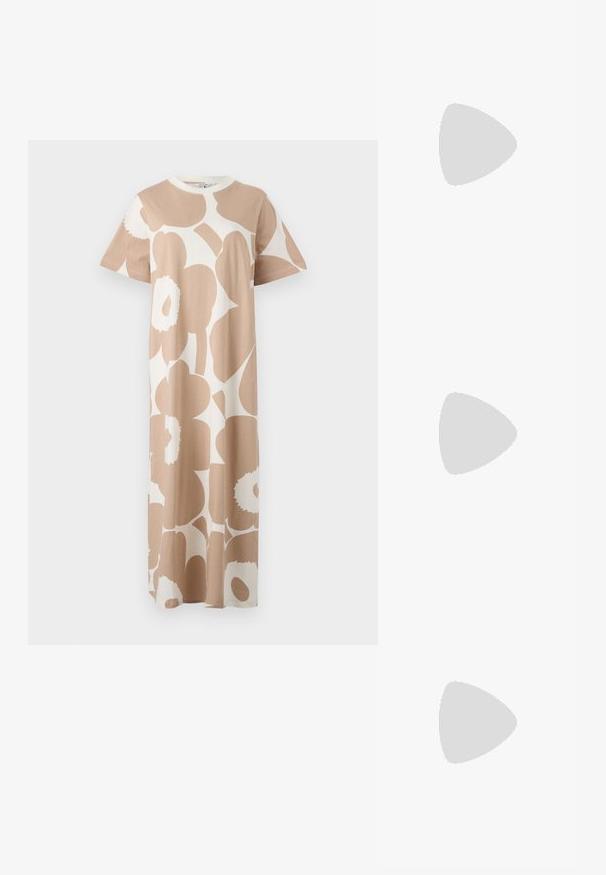 Marimekko PAHLO UNIKKO DRESS - Dzsörzéruha - beige; Fehér pamut póló, amelyen elöl egy nagy, élénkpiros homár grafika látható. Rövid ujjú és standard környakú kialakítás.; Fehér magaskorsó vászon sportcipő fekete gumi talppal, elülső gumi orrnyereggel és hat fűzőlyukkal, letisztult, minimalista dizájnnal.; Piros bőr kézitáska szögletes, geometrikus kialakítással. Egy állítható pánttal és varrott részletekkel ellátott fedélzárral rendelkezik.