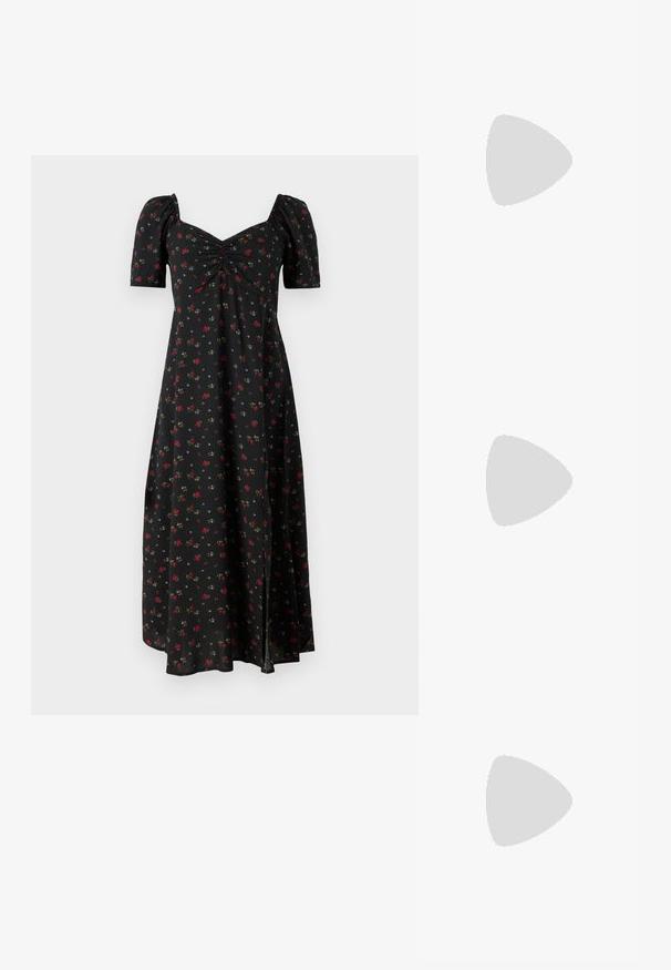 GAP PUFF SWEETHEART - Päevakleit - black; Kitsas toe kõrge kontsaga kingad, millel on hõbedane, kuldne ja nude värvilahendus. Läikiv viimistlus lõikekujundusega, stiletto konts.; Hõbedane metallikoti kott pehme, ümar kuju ja sõlme ülemise sulgemisega. Valmistatud siledast kunstnahast materjalist.; Hõbedased rõngaskõrvarõngad keerutatud disainiga, millel on poleeritud viimistlus ja posti-tagune sulgemine. Diameeter umbes 3 cm.