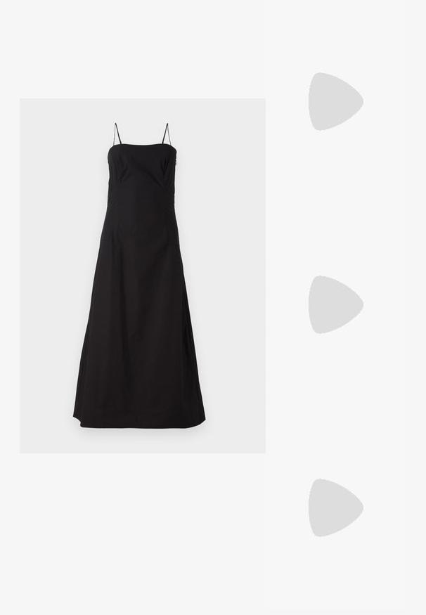 Faithfull the brand OSTANO DRESS - Rochie maxi - black; Pantofi cu toc slingback negri din patent, cu vârf ascuțit, cu imprimeu de șarpe texturat, curea ajustabilă și toc scurt texturat.; Geantă neagră din piele, tip crossbody, cu două buzunare frontale, catarame aurii, închidere cu fermoar și o curea subțire. Suprafață texturată și formă rectangulară compactă.; Cercei din metal auriu, cu un design curbat și alungit. Au o suprafață netedă și strălucitoare, cu un vârf rotunjit pentru un detaliu suplimentar.