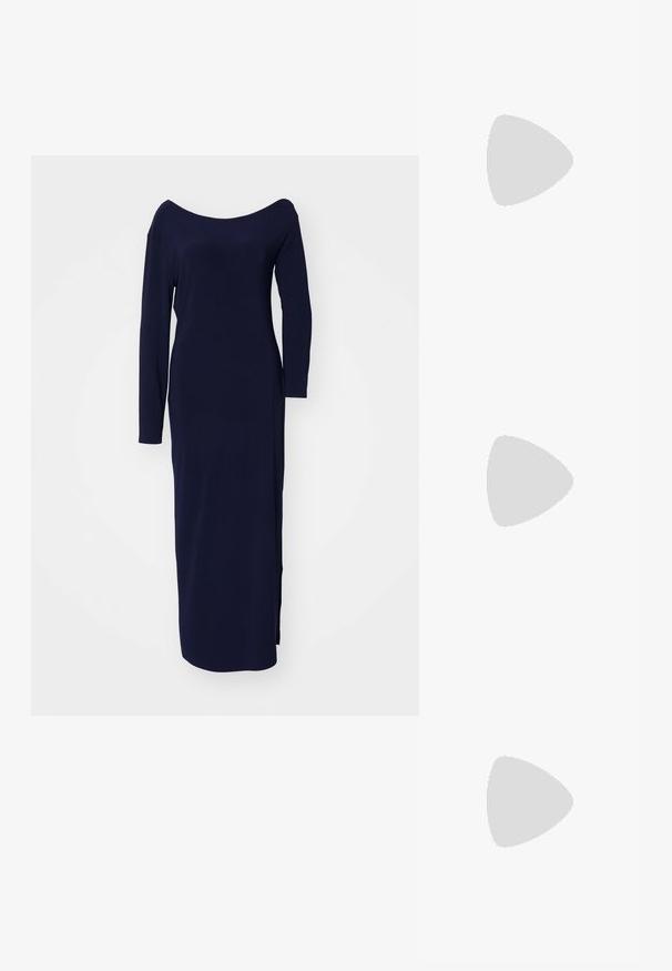 Norma Kamali LONG SLEEVE DROP SHOULDER SIDE SLIT GOWN - Jersey dress - true navy; White sneakers with metallic silver accents, smooth texture, round toe, flat sole, and traditional lace-up design.; Black leather handbag with a round shape, soft texture, and a knotted handle featuring gold-tone hardware accents. Zipper closure.; Pair of irregular oval-shaped gold-toned metal earrings with a textured, slightly hammered surface on a white background.