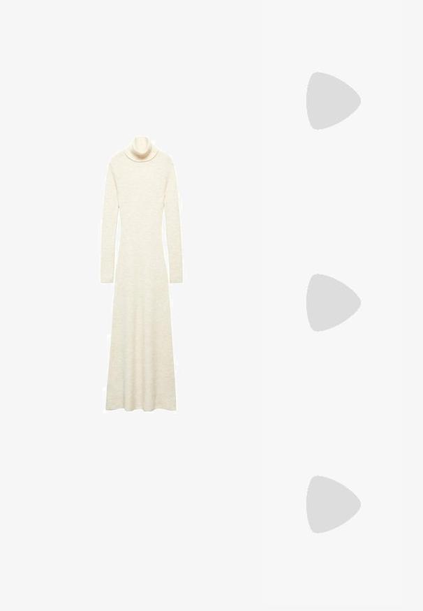Strikket turtleneck kjole i off-white. Lange ærmer, gulvlængde design, med en tætsiddende brystdel og vidde skørt. Blød tekstur og enkel silhuet.; Guld veganske lædersandaler med to justerbare remme, korkfodbed og mørk gummisål. Glat tekstur med metallisk finish.; Rektangulære solbriller med ramme i skildpaddemønster af plast, mørke linser og sølvdetaljer på siderne. Fremstillet i Italien.; Brun læder crossover taske med logo mønster, guldkæde rem, lynlås lukning og gyldne hardware detaljer. Kompakt og rektangulær form.