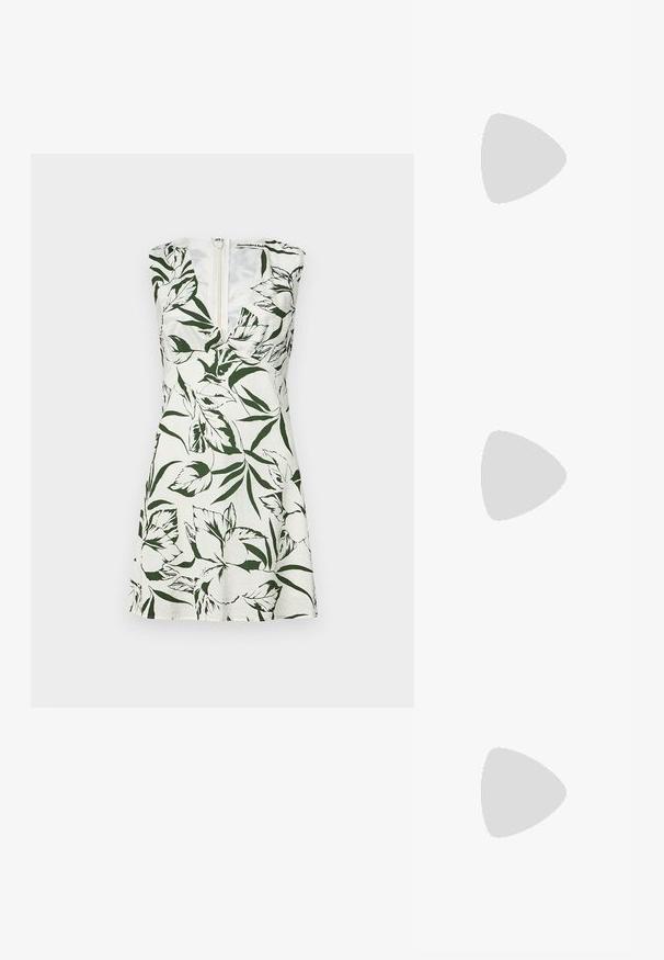 Rochie fără mâneci din in alb cu imprimeu floral verde. Prezintă un gât în formă de V adânc și un fermoar la spate. Are o siluetă evazată în formă de A.; Sandale cu toc auriu, cu un design cu bretele răsucite, vârf deschis și curea pentru glezna. Are toc pătrat și un finisaj metalic neted.; Ochelari de soare cu mâneri tortoise, cu lentile ovale, cu nuanță maro, brațe subțiri ce au un model texturat, cadru din plastic ușor.; Geantă din piele neagră, cu o formă curbată, curea detașabilă și accesorii aurii. Geanta are un capac cu un detaliu tip cataramă.