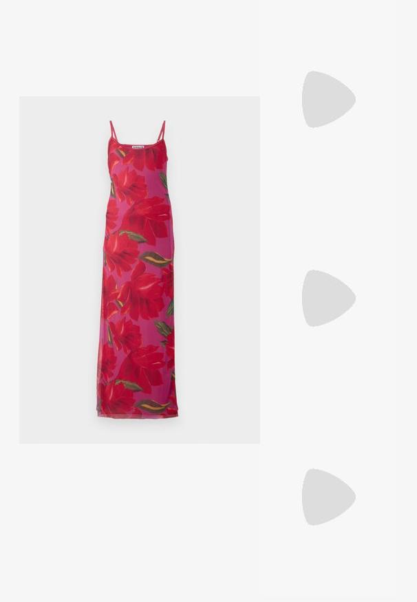 Floral maxi dress featuring red flowers on a pink background, made of sheer fabric with thin shoulder straps and a straight silhouette.; White short-sleeve t-shirt made of ribbed fabric. Round neckline, regular fit, and subtle stitching details. No patterns or graphics.; Black leather ballet flat with a rounded toe, smooth texture, minimal stitching detail, and a flexible sole design.; Brown leather handbag with a flap closure, gold-tone hardware, a shoulder strap, and a smooth texture. Compact rectangular shape.