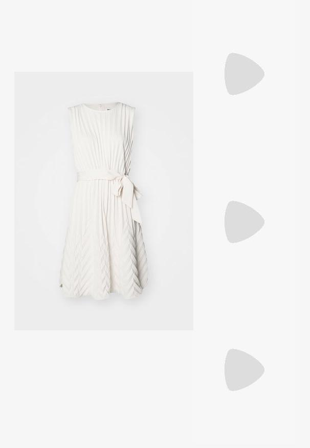 Sleeveless white dress with vertical pleats, a belted waist, and a flared skirt. Features a round neckline and back zip closure.; Beige flat sandal with multiple slender straps and an adjustable buckle. The sole is flat with a slight dark contrast at the edge.; Black leather shoulder bag with a soft texture, triangular shape, and adjustable strap, paired with a light blue striped shirt and white pants.; Gold-tone earrings with a curved, hoop-like design featuring a prominent silver spherical accent. Polished metal finish, post-back closure.