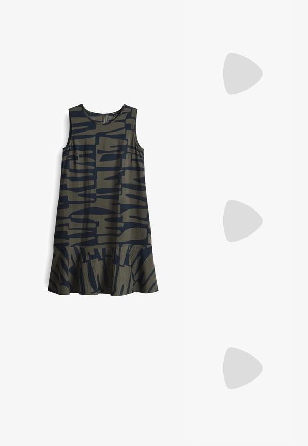 Sleeveless dress in olive green with a navy abstract pattern. Flared bottom hem and a round neckline. Made from lightweight fabric.; Beige leather block-heel pump with a pointed toe, black trim along the opening, and a thin adjustable slingback strap with gold hardware.; Cream leather handbag with a crescent shape, gold hardware, black accents, and a removable strap. Features a chain detail and tag.; White pearl necklace with evenly sized pearls, smooth texture, and a silver clasp featuring an adjustable chain for length customization.