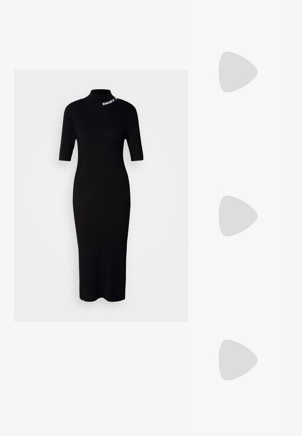 Fekete bordás kötött ruha rövid ujjakkal, magas nyakkal és DKNY logóval a nyakban. Testhez simuló fazon, közepes hosszúságú sziluett.; Fekete, hegyes orrú, slingback cipő alacsony sarkával, sima bőrből készült, oldalt kivágott deisgnal a légáteresztőképesség érdekében.; Fekete bőr válltáska puha tapintással, háromszög alakú, állítható pánttal, világoskék csíkos inggel és fehér nadrággal párosítva.; Ezüst karika fülbevalók sima, fényes felülettel. Lekerekített forma, könnyű kialakítással, tűs zárómechanizmussal.