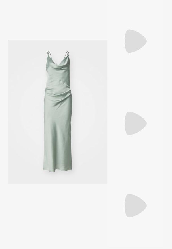 Satin maxi haljina u mekoj mint zelenoj boji, s tankim naramenicama, V-izrezom i drapiranim detaljima uz bok za dodatnu teksturu.; Crne sandale na visokoj potpetici s višestrukim križnim trakama. Glatki materijal, šiljati vrh i uska peta. Podesiva traka oko gležnja s kopčanjem.; Tri parova pravokutnih sunčanih naočala: jedna ružičasta, jedna bijela, jedna crna. Sva imaju tamne leće i sjajan plastični okvir.; Zlatne kružne naušnice s glatkom, sjajnom završnom obradom. Kružni dizajn s malom potporom i prozirnom podlogom za sigurno nošenje.