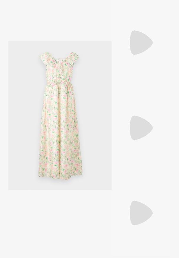 Maxi dress in light fabric with a floral pattern in pink and green, ruffled neckline, cap sleeves, and an elastic waist.; ALDO ULIANA - Classic heels - black; Even&Odd Handbag - gold-coloured; Pilgrim EARRINGS ZION - Earrings - gold-coloured