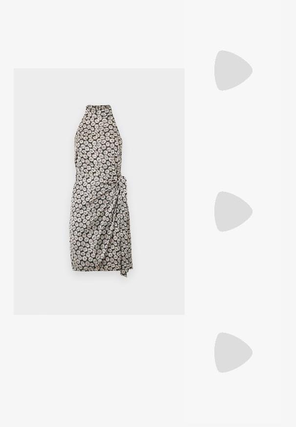 Black and white floral dress with a high neckline, wrap design, and side tie detail. Features a pattern of daisy-like flowers.; Black high-heeled sandals feature thin straps with a knotted design, a smooth square toe, and a sleek stiletto heel.; Light gray metallic handbag featuring a chain strap, embellished with small circular metallic studs and a triangular brand logo.; Silver hoop earrings with a smooth, shiny finish. Rounded shape, lightweight design, featuring a post-back closure.