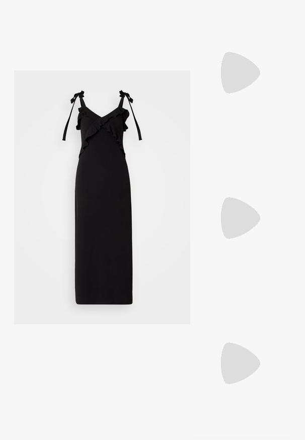 ONLY ONLSANDY FRILL DRESS - Džersio suknelė - black; Juodas lakuotas odinis batelis su smailiu pirštu, kulkšnies dirželiais su sidabrinėmis sagtimis ir detalėmis, bei plonu kulnu.; Juodas odinis krepšys su išlenkta forma, nuimamu dirželiu ir auksiniais detalėmis. Krepšys turi kilpą su sagtimi.; Auksinės auskarai, turintys tekstūruotus, bangų formos elementus. Įeina skulptūriniai segami auskarai ir atviri lankai su išmuštu paviršiumi.