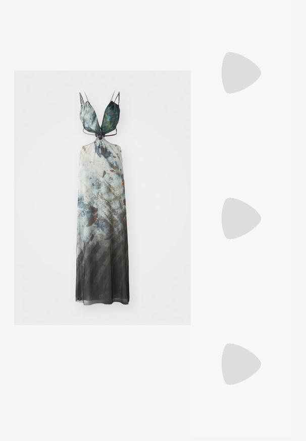 Maxi dress with adjustable spaghetti straps, featuring an abstract pattern in blue, gray, and brown hues, with a flowing sheer fabric.; Even&Odd by Zalando High heels - silver-coloured; Aviator sunglasses featuring a gradient blue lens, silver metal frame, and decorative star accents on the lens. Smooth and sleek design.; Silver drop earrings with a square stud, featuring a smooth, polished finish and a teardrop shape, reflecting light with a glossy surface.