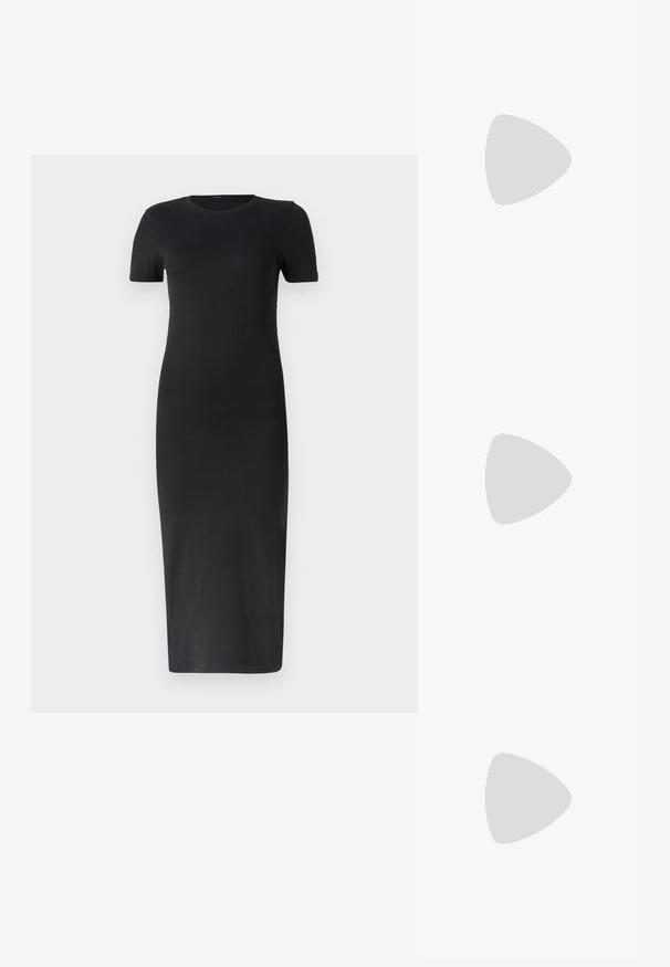 Musthave mustriba midi kleit lühikeste varrukatega, ümar kaelus, keha lähedalt istuv siluett ja sile tekstuur. Ei ole nähtavaid mustreid ega aktsente.; Kitsas varbaga ja avatud kannaosa valged nahast slingback kingad, kaunistatud väikese sõlme detailiga ja madala kitten kontsaga. Sile tekstuur, minimalistlik kujundus.; Kootud heleda õlgedest käekott kaarjas vormis, lühikese käepideme ja külgseppimisega. Omab tekstuurset pinda ja minimalistlikku disaini.; Kuldse värvi kõrvarõngad, mis on kaunistatud tekstuursete ja laineliste kujunditega. Komplektis on skulpturaalsed klamber kõrvarõngad ja avatud rõngasdisain, millel on lõhestatud viimistlus.