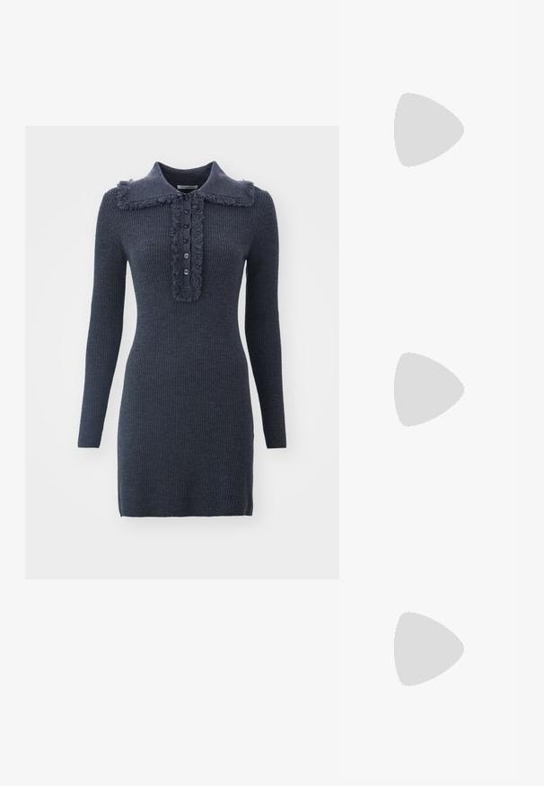 Dark blue ribbed dress with a frayed collar, five-button placket, and long sleeves, featuring a textured knit material.; Black leather sandal with a square toe, thin straps, adjustable ankle strap, and a low heel. Features a small gold accent on the strap.; Black leather tote bag with a textured finish, featuring two vertical lines, dual shoulder straps, and a minimalist design.; Gold-tone brooch featuring a knotted design with smooth, curved lines and an intricate shape, reflecting a polished finish.