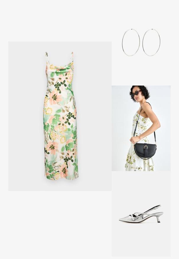 Kukkapainatteinen liukuva mekko, jossa on vaaleanpunaisia, vihreitä ja kermaisia sävyjä, kaareva kaula-aukko, ohuet hihnat ja sileä rakenne.; Call it Spring REGINNA B.E.D FOAM - Avokkaat - silver; Musta nahkainen käsilaukku, joka on kaareva muotoilultaan, irrotettavalla hihnalla ja kultaisilla yksityiskohdilla. Laukussa on läppä, jossa on solk yksityiskohta.; Hope hopeita hopeita, joissa on sileä, pyöreä muoto ja kiiltävä pinta. Ne ovat ohuita ja kevyitä, ja niissä on yksinkertainen lukitus.